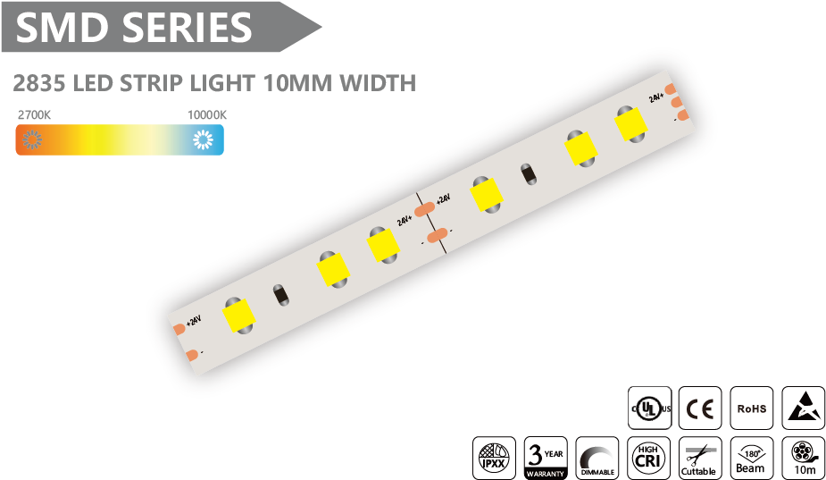 2835 LED 灯带 10MM 宽度 SMD Led 灯带 - 10m/卷