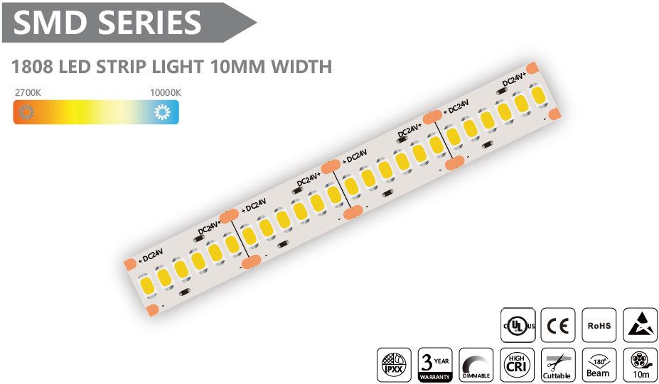 1808 LED 灯带 10MM 宽度 SMD Led 灯带 - 10m/卷