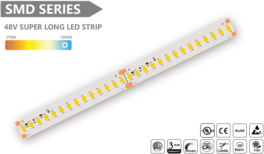 48V 超长 LED 灯带 SMD LED 灯带 - 10m/卷