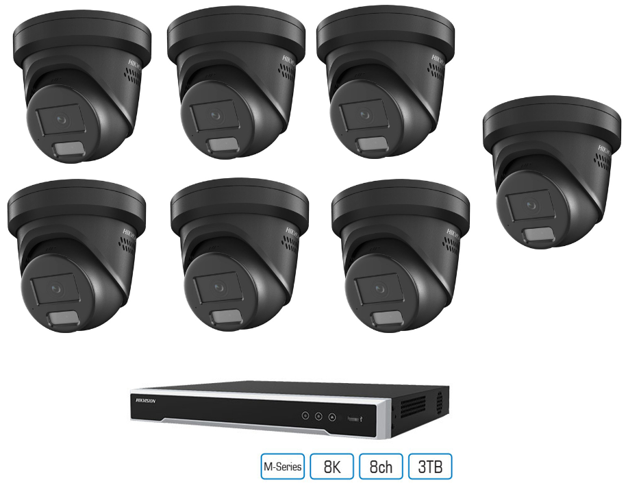 7 x 6 MP Hikvision DS-2CD2367G2H-LISU/SL Smart Hybrid Light ColorVu Turret Camera 2.8mm Strobe Speaker Black + 8CH NVR CCTV Kit