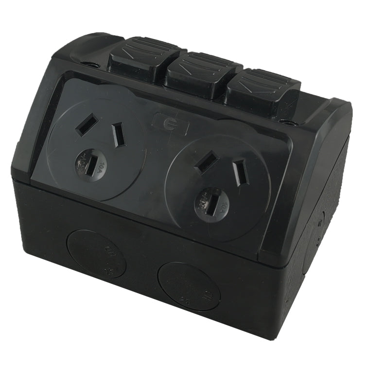 Weatherproof GPO DOUBLE 10A + EXTRA SWITCH BLACK