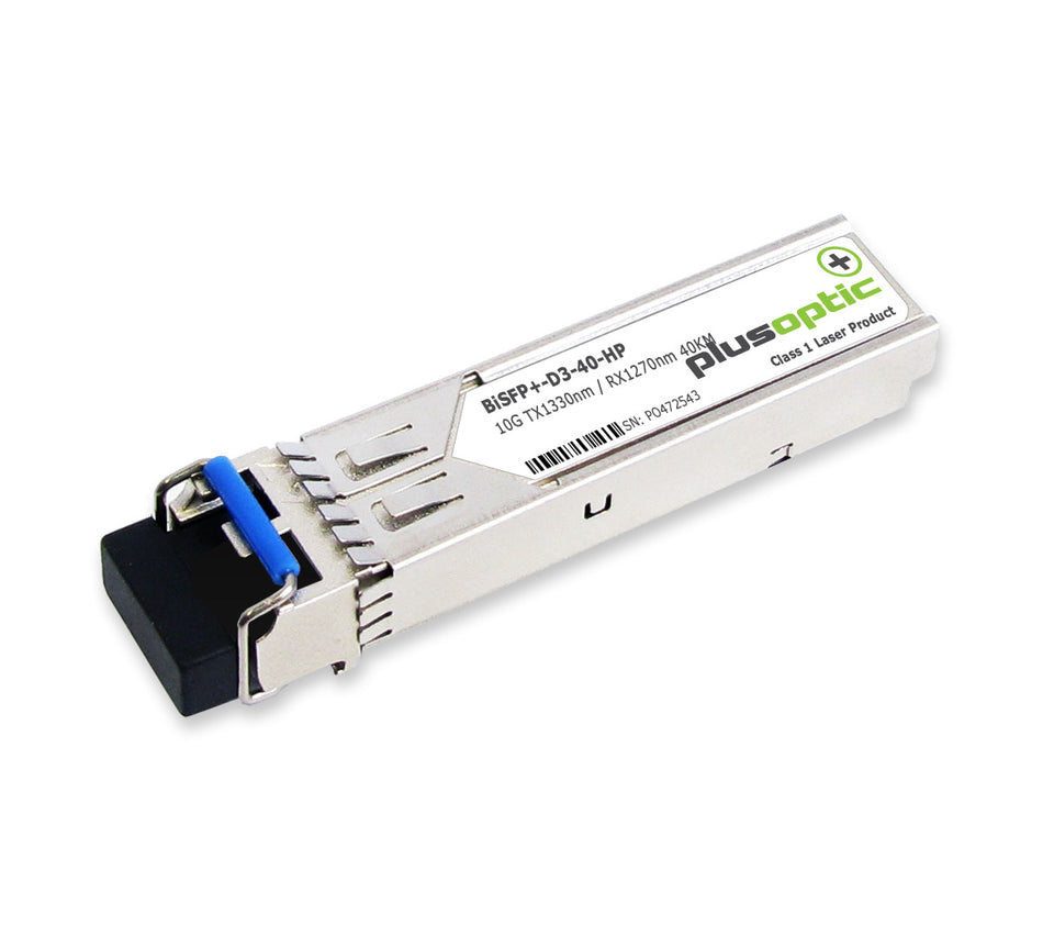 HP / Aruba compatible BiDi SFP+ 10G Transceiver for SMF with a reach of 40KM. Fully compliant with HP | PlusOptic Aruba BiSFP+-D3-40-HP