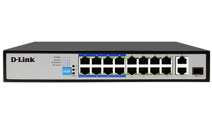 D-Link | DES-F1018P-E | 18 Port PoE Switch with 16 PoE Ports (8 Long Reach 250m) and 2 Gigabit Uplink Ports