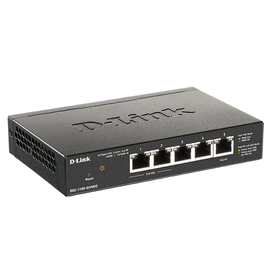 D-Link | DGS-1100-05PDV2 | 5 Port Gigabit PoE-Powered Smart Managed Switch with 2 PoE pass-through Ports