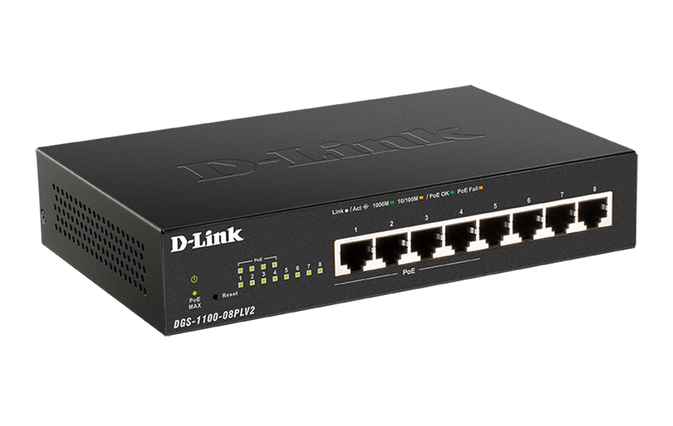 D-Link | DGS-1100-08PLV2 | 8 Port Gigabit Smart Managed PoE Switch with 4 PoE Ports (80W PoE budget)