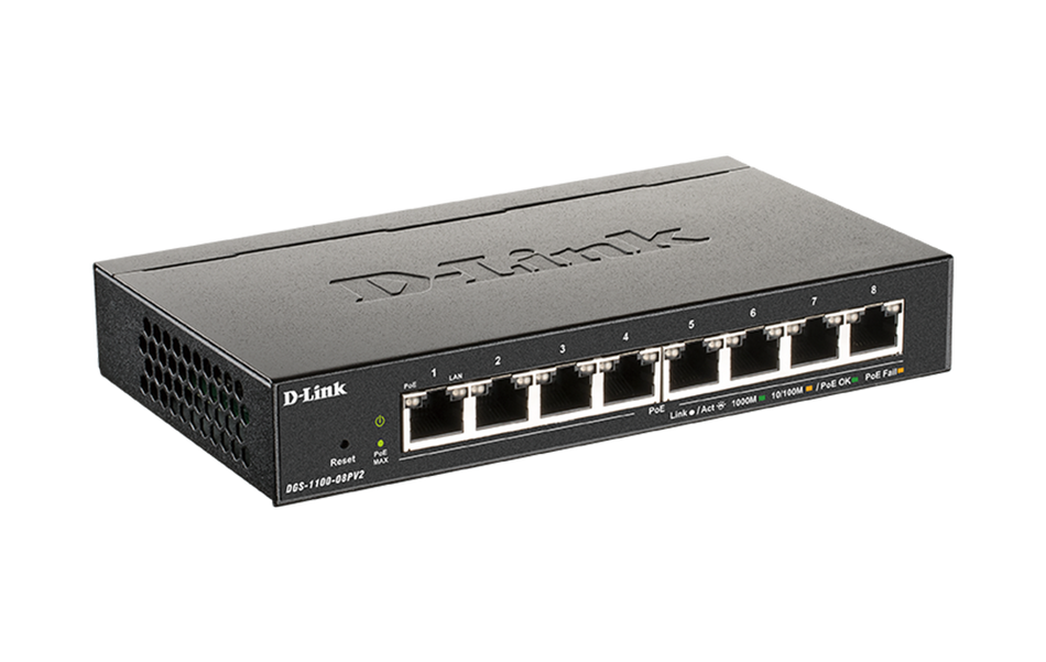 D-Link | DGS-1100-08PV2 | 8 Port Gigabit Smart Managed PoE Switch with 8 PoE Ports (64W PoE budget)