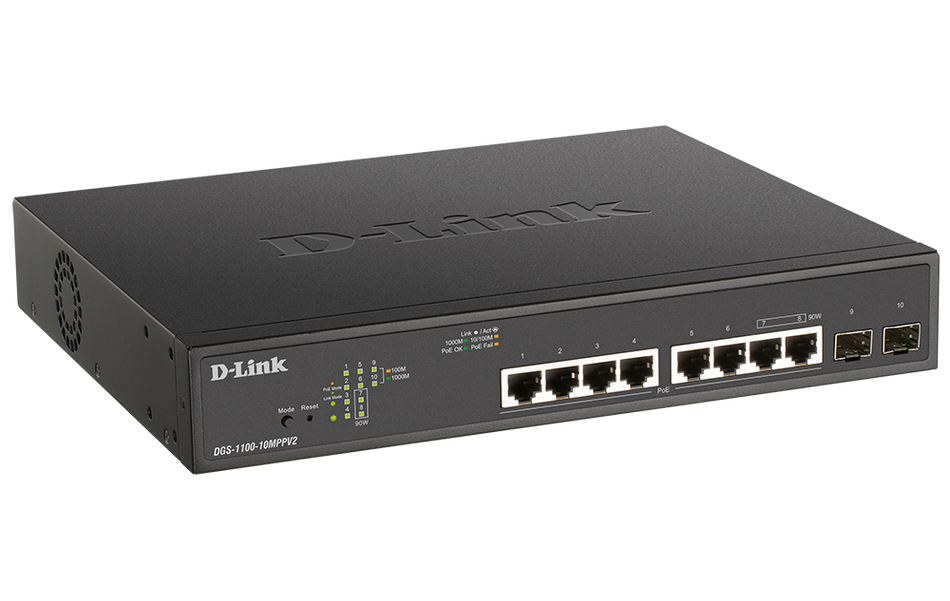 D-Link | DGS-1100-10MPPV2 | 10 Port Gigabit Smart Managed PoE++ Switch with 8 PoE and 2 SFP Ports (242W PoE budget)