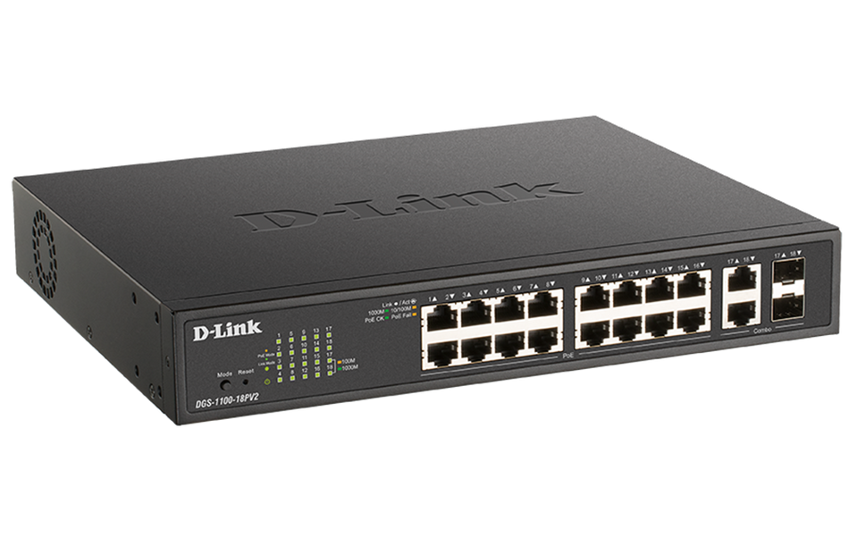 D-Link | DGS-1100-18PV2 | 18 Port Gigabit Smart Managed PoE Switch with 16 PoE and 2 Combo RJ45/SFP Ports (130W PoE budget)