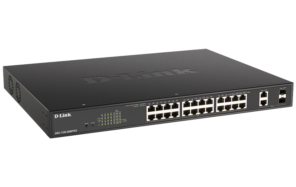 D-Link | DGS-1100-26MPPV2 | 26 Port Gigabit Smart Managed PoE++ Switch with 24 PoE and 2 SFP (Combo) Ports (370W PoE budget)