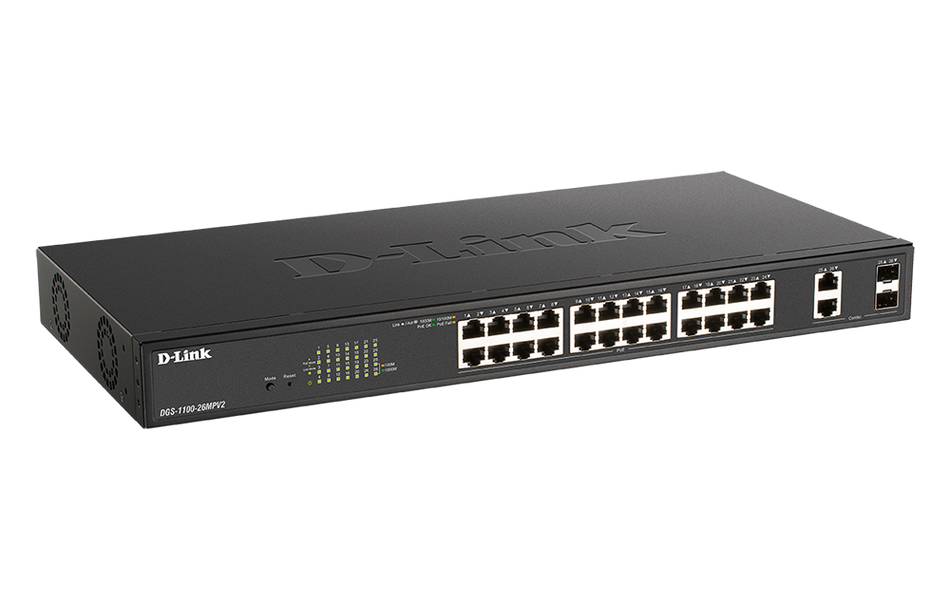 D-Link | DGS-1100-26MPV2 | 26 Port Gigabit Smart Managed PoE Switch with 24 PoE Ports and 2 SFP (Combo) Ports (370W PoE budget)