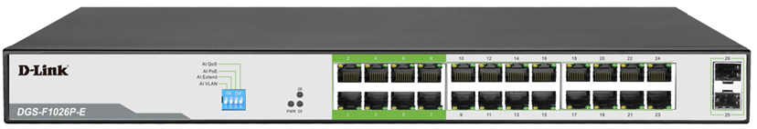 D-Link | DGS-F1026P-E | 26 Port Gigabit PoE Switch with 24 PoE+ Ports (8 Long Reach 250m) and 2 SFP Uplinks