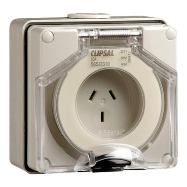 Clipsal - 56 Series, Socket Outlets, Surface Sockets - IP66, 250V 10A - 3 Flat Pins***EMAIL/TEXT FOR PRICING***