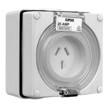 Clipsal - 56 Series, Socket Outlets, Surface Sockets - IP66, 250V 20A - 3 Flat Pins***EMAIL/TEXT FOR PRICING***