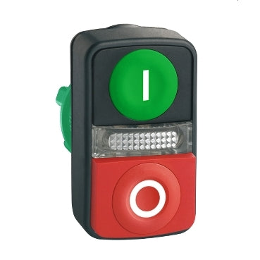 Harmony XB5, Illuminated double headed push button head, plastic, Ø22, 1 green flush I + 1 pilot light + 1 red projecting O***EMAIL/TEXT FOR PRICING***