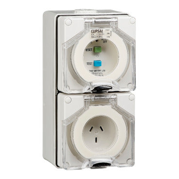 Clipsal - 56 Series, RCD Protected Switched Socket Outlet, 250V, 10A, 3 Flat PIN, IP66, 30mA RCD***EMAIL/TEXT FOR PRICING***