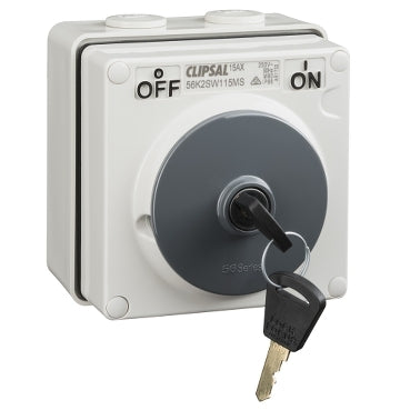 Clipsal - 56 Series, Surface Switch, 1 Pole, 250VAC, 15A, Key Operated, On/Off Locking Position***EMAIL/TEXT FOR PRICING***