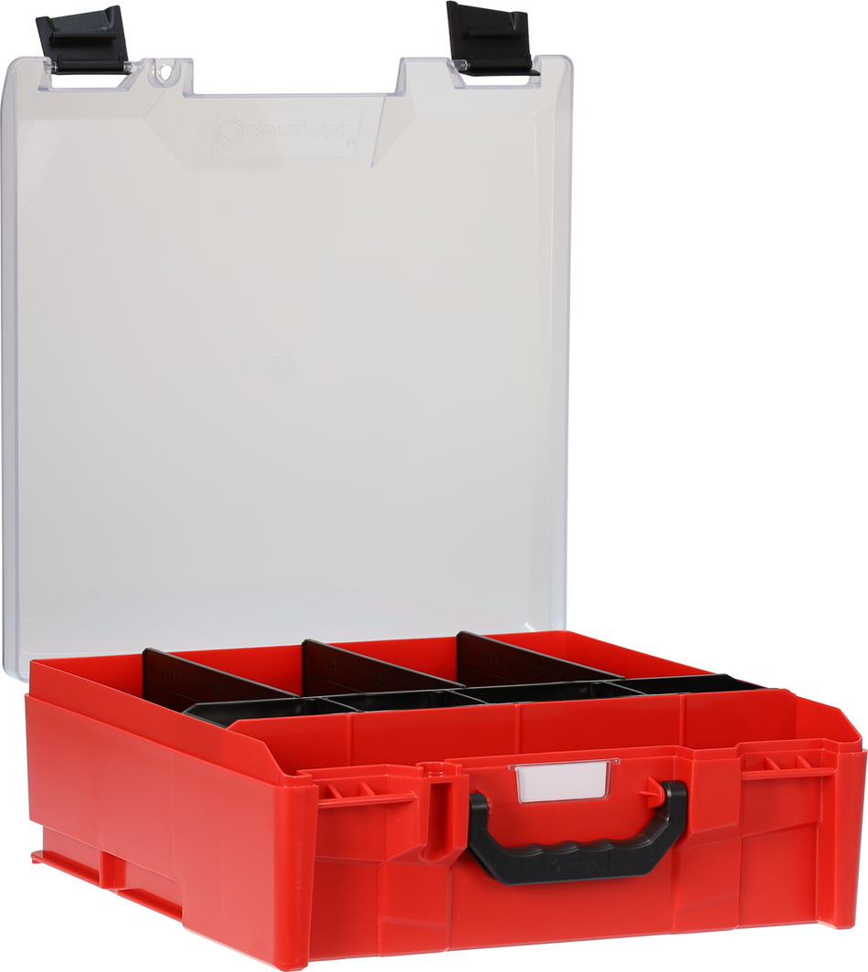 StorageTek Case Large Clear PC Lid c/w dividers-Red with Black Clasps