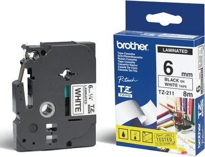 Brother | TZE-211 Laminated Tape 6mm x 8m - Black on White