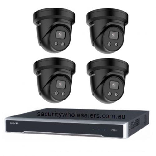 6MP Hikvision CCTV Kit: 4 x BLACK Outdoor Turret Cameras with Acusense + 4CH NVR