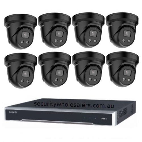 Hikvision 8MP Acusense 8 x Outdoor Turret With Strobe & Siren + 16CH NVR CCTV Kit BLACK